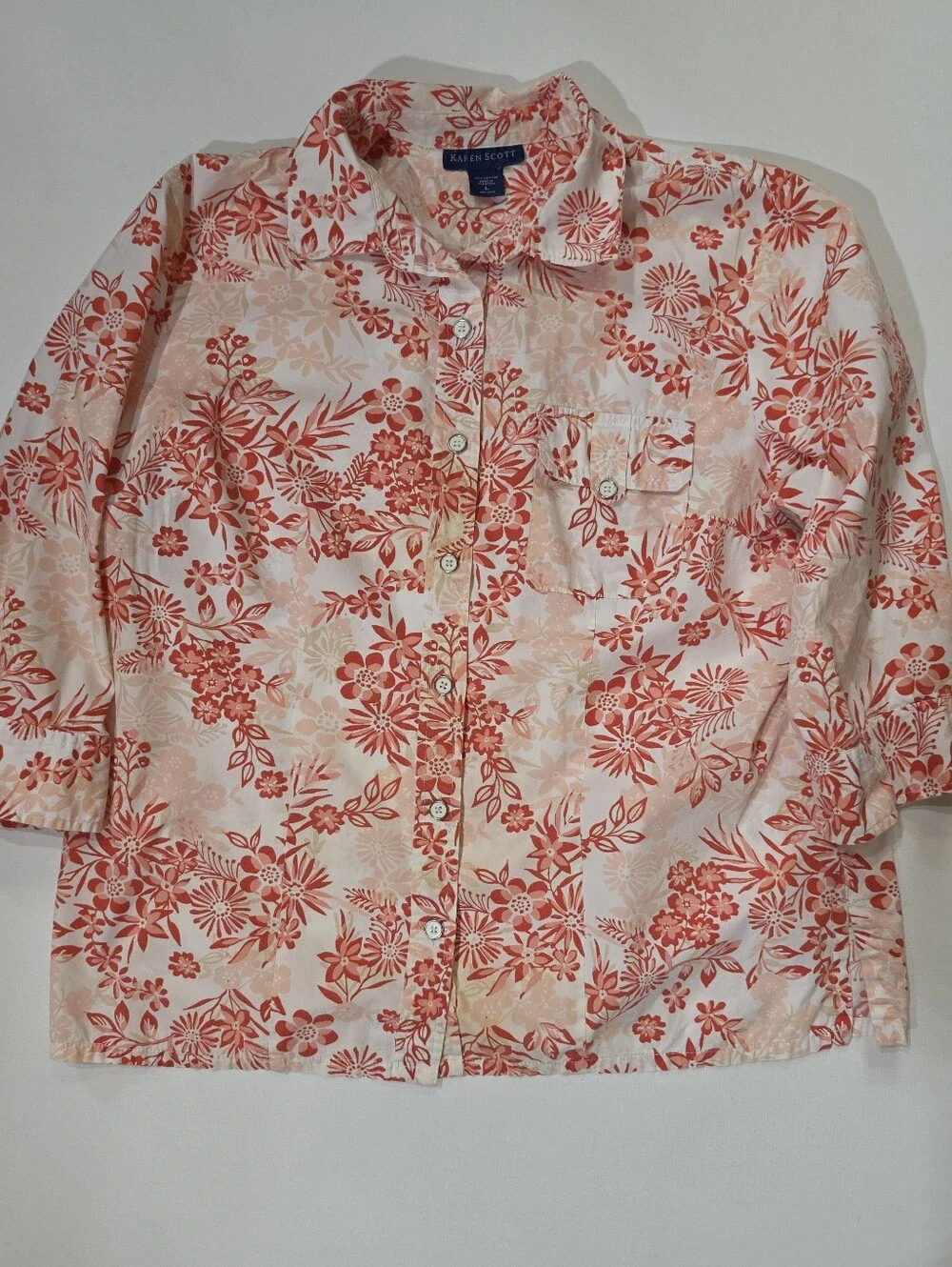 Karen Scott Button Down Shirt Womens Large Cream Pink Orange Floral Resortwear